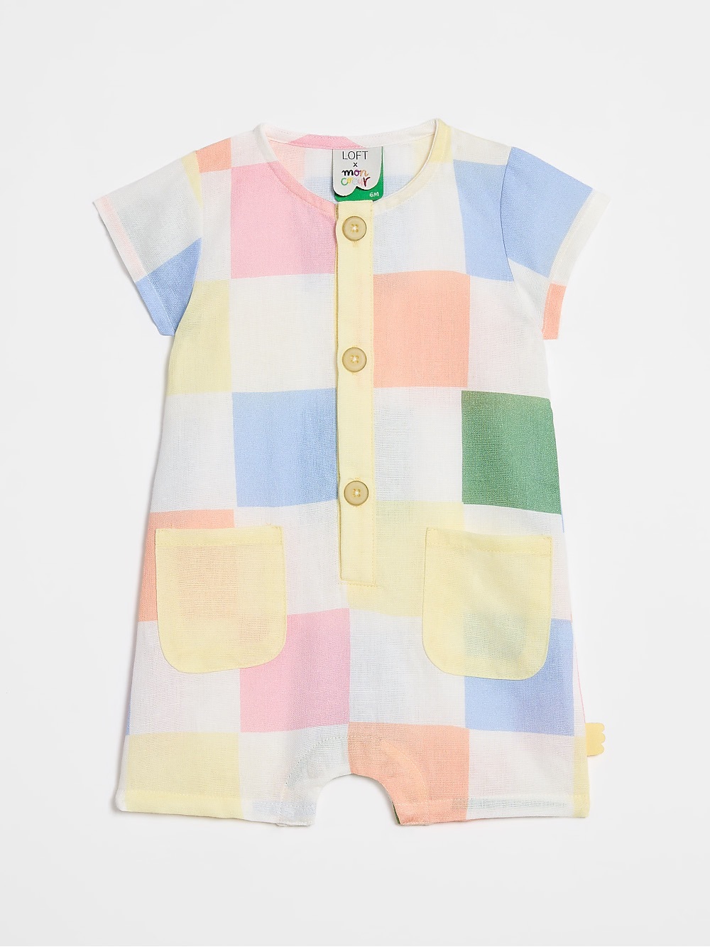 LOFT x Mon Coeur Pastel Check Linen Short-Sleeve One-Piece Bodysuit - Picture 1 of 4